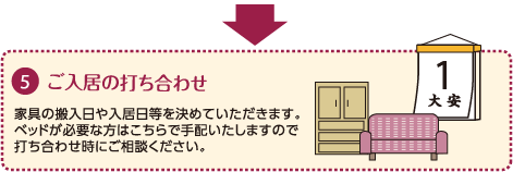 ５：ご入居の打ち合わせ｜家具の搬入日や入居日等を決めていただきます。｜ベッドが必要な方はこちらで手配いたしますので、打ち合わせ時にご相談ください。