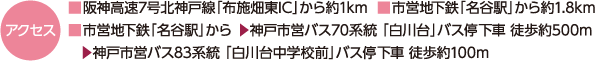 アクセス｜■阪神高速7号北神戸線「布施畑東IC」から約1km  ■市営地下鉄「名谷駅」から約1.8km｜■市営地下鉄「名谷駅」から ▶神戸市営バス70系統 「白川台」バス停下車 徒歩約500m｜▶神戸市営バス83系統 「白川台中学校前」バス停下車 徒歩約100m