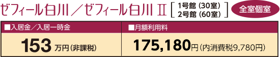 ゼフィール白川／ゼフィール白川II[1号館（30室）｜2号館（60室）]｜■入居金／入居一時金｜153万円（非課税）｜■月額利用料｜166,620円（内消費税 5,220円）