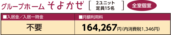 グループホームそよかぜ[2ユニット　定員15名]｜全室個室｜■入居金／入居一時金｜不要｜■月額利用料｜159,000円